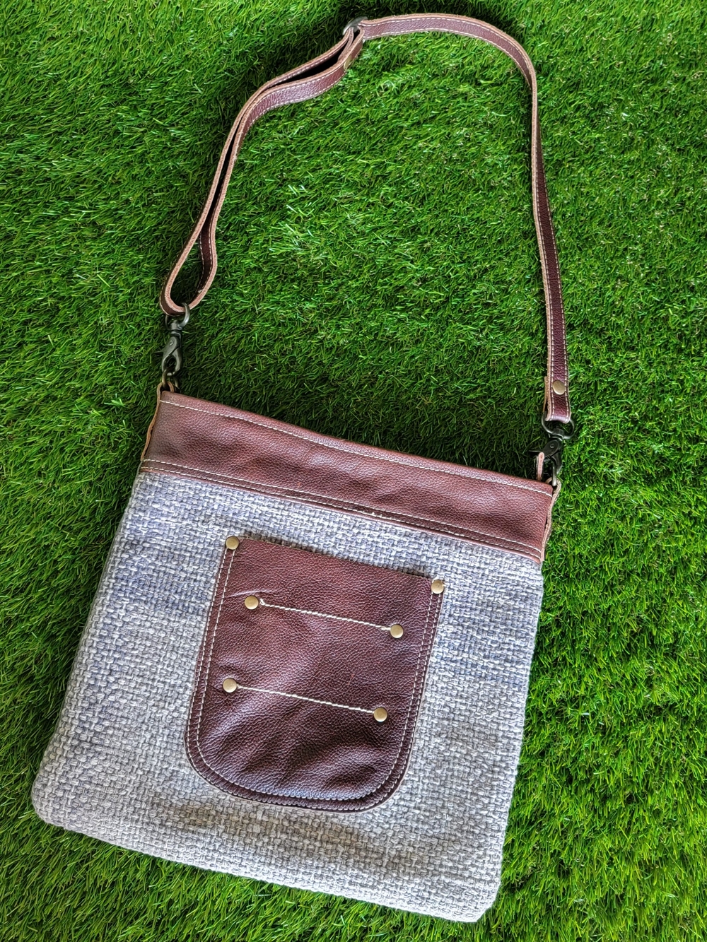 Myra Dextrous Crossbody Shoulder Bag Gray w/ Brown Leather